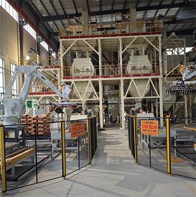 custom-manufactured complete tile adhesive production line, delivered by a professional machinery manufacturer. automatic tile adhesive production line installed in customer factory